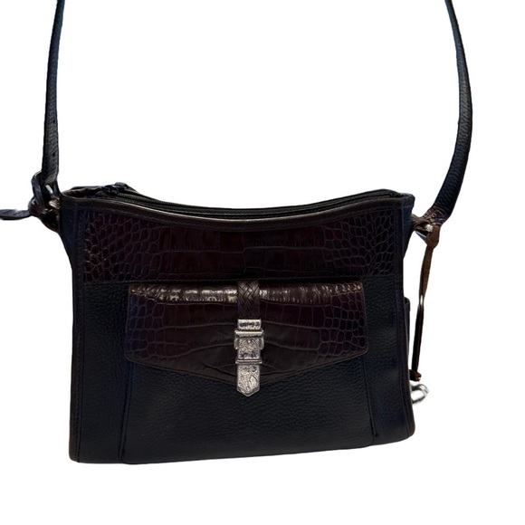 BRIGHTON Womens Black & Brown LEATHER SHOULDER BAG W/card Holder Croc Embossed - Picture 2 of 16